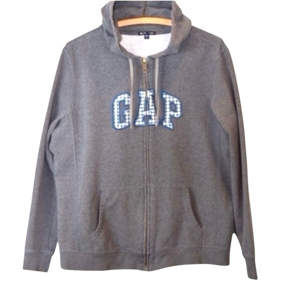 GAP Y2K Heavy Thick Full Zip Stretch Hoodie Gingham Logo Grey Size XL - Picture 1 of 8